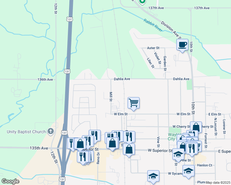map of restaurants, bars, coffee shops, grocery stores, and more near 534 Mill Street in Wayland
