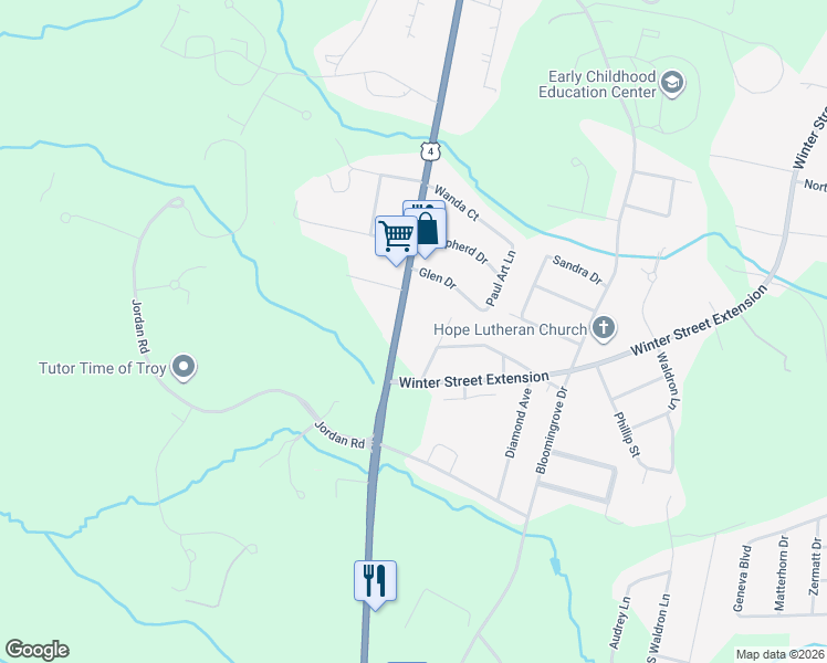 map of restaurants, bars, coffee shops, grocery stores, and more near 106 Birch Street in Troy