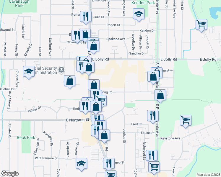 map of restaurants, bars, coffee shops, grocery stores, and more near 603 Armstrong Road in Lansing
