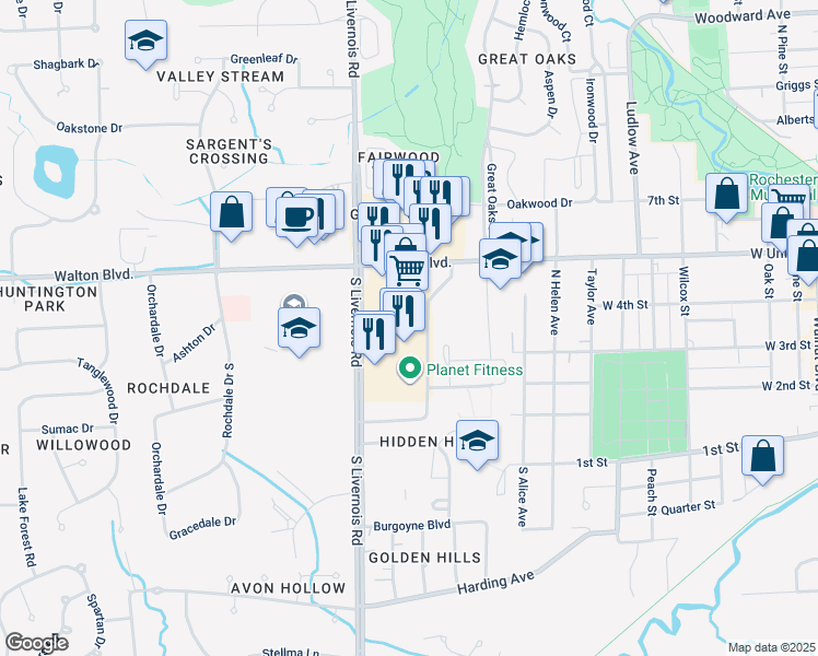 map of restaurants, bars, coffee shops, grocery stores, and more near 115 South Livernois Road in Rochester Hills