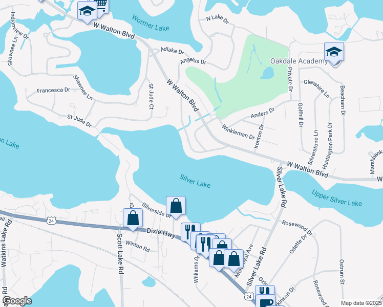 map of restaurants, bars, coffee shops, grocery stores, and more near 2757 Silverhill Drive in Oakland County