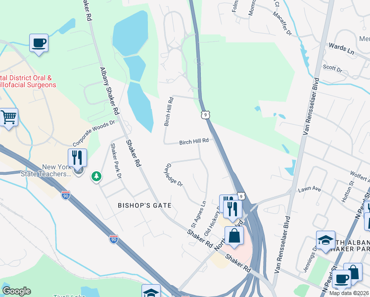 map of restaurants, bars, coffee shops, grocery stores, and more near 9 Greyledge Drive in Albany