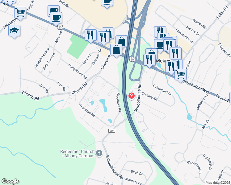 map of restaurants, bars, coffee shops, grocery stores, and more near 55 Woodlake Road in Albany
