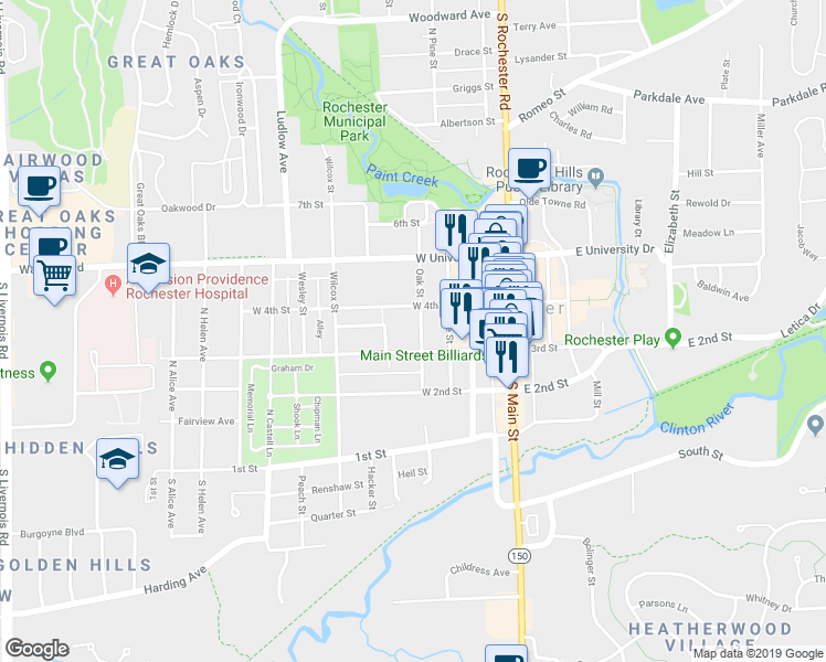 map of restaurants, bars, coffee shops, grocery stores, and more near 404 West 3rd Street in Rochester