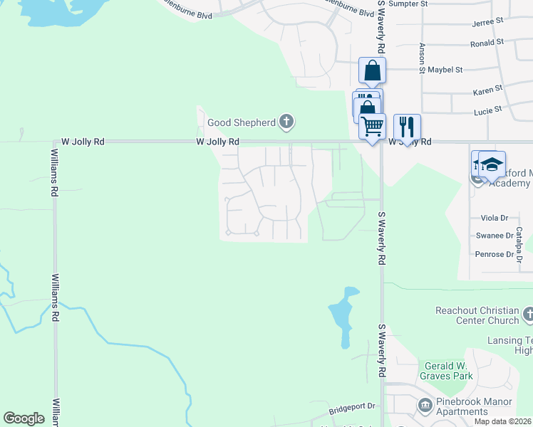 map of restaurants, bars, coffee shops, grocery stores, and more near Circle Drive in Lansing