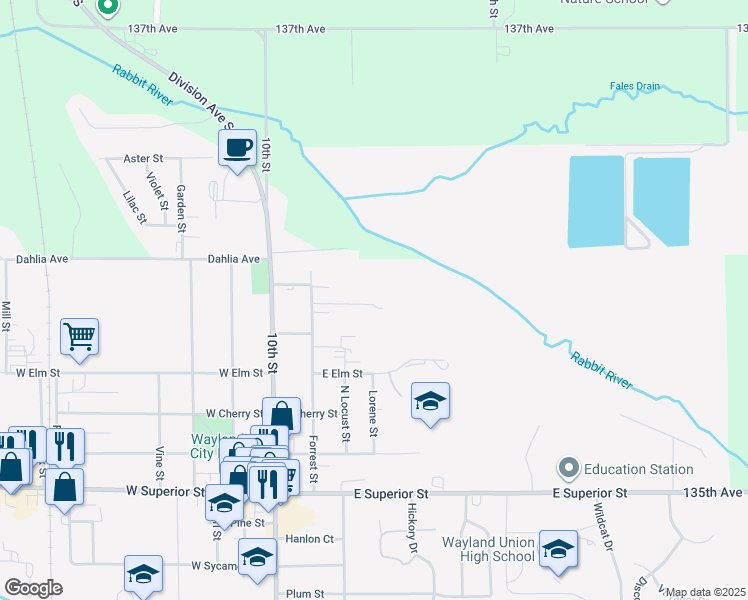 map of restaurants, bars, coffee shops, grocery stores, and more near 522 Forrest Street in Wayland