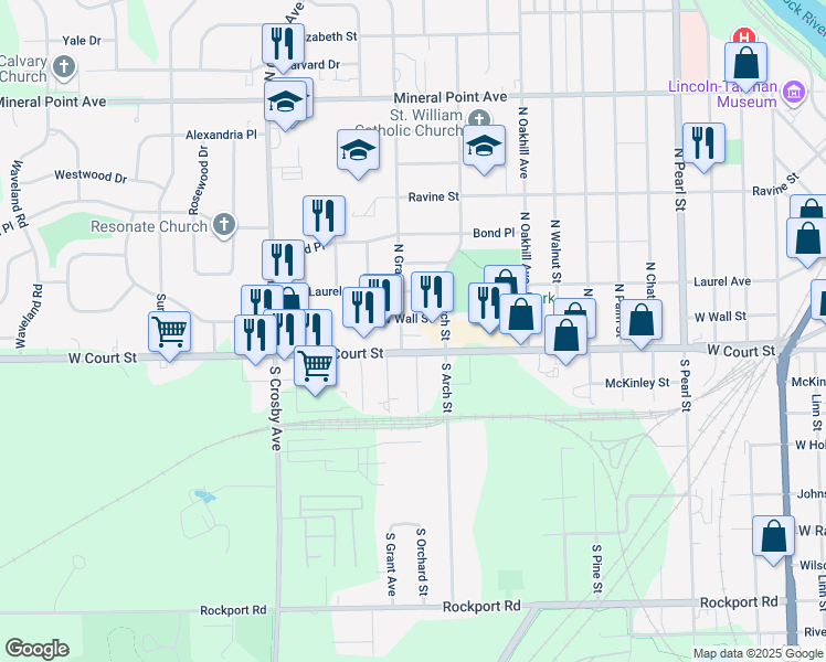 map of restaurants, bars, coffee shops, grocery stores, and more near 2016 West Court Street in Janesville
