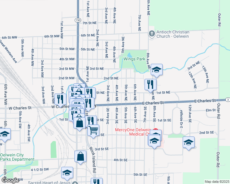 map of restaurants, bars, coffee shops, grocery stores, and more near 26 4th Avenue Northeast in Oelwein
