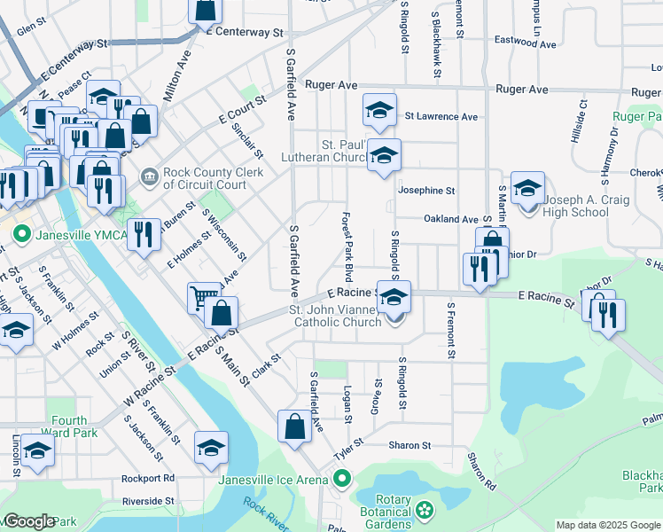 map of restaurants, bars, coffee shops, grocery stores, and more near in Janesville