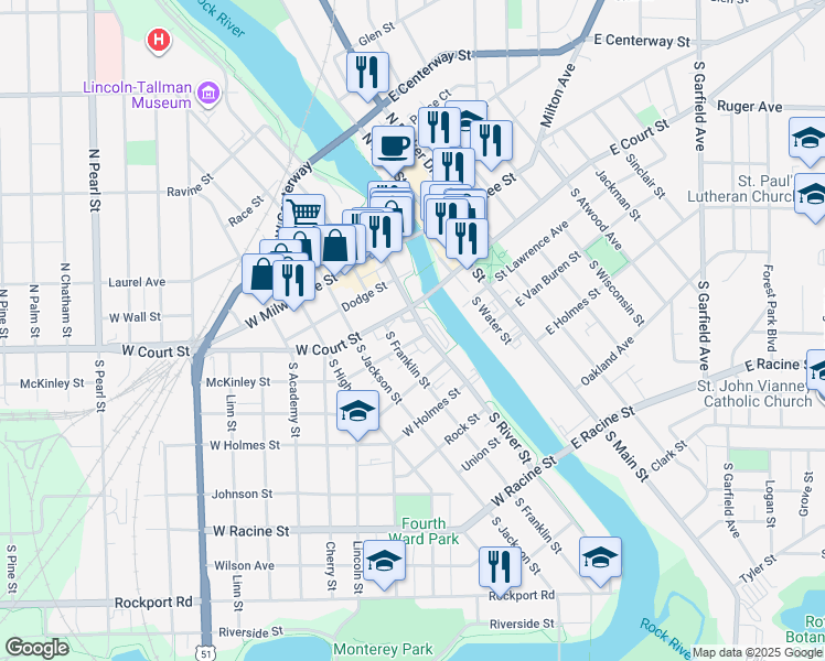 map of restaurants, bars, coffee shops, grocery stores, and more near 111 McKinley Street in Janesville