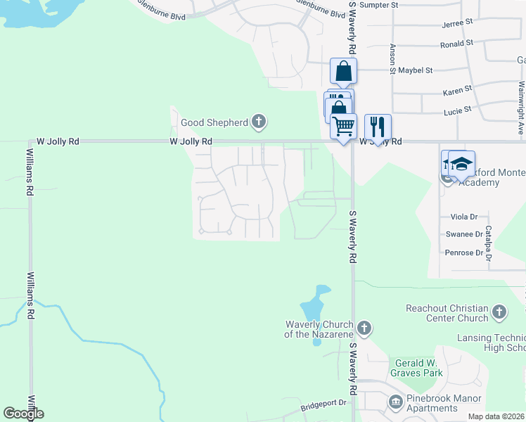 map of restaurants, bars, coffee shops, grocery stores, and more near Kensington Cir in Lansing Charter Township