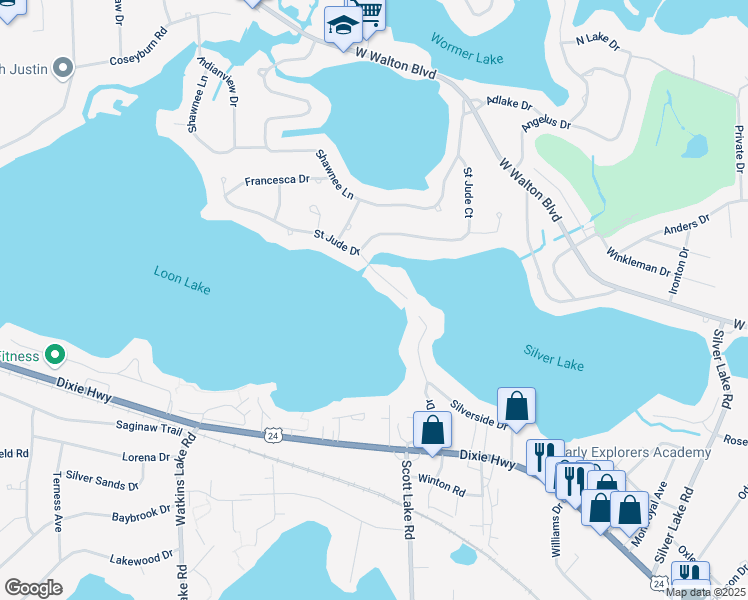 map of restaurants, bars, coffee shops, grocery stores, and more near 2939 Lola Court in Waterford Township