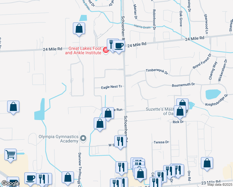 map of restaurants, bars, coffee shops, grocery stores, and more near 13484 Brampton Court in Macomb County