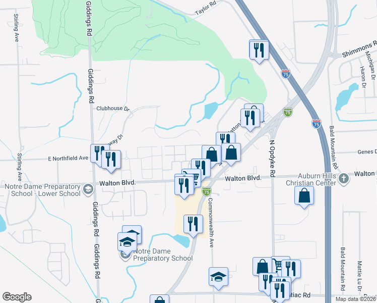map of restaurants, bars, coffee shops, grocery stores, and more near 1510 Nob Lane in Pontiac