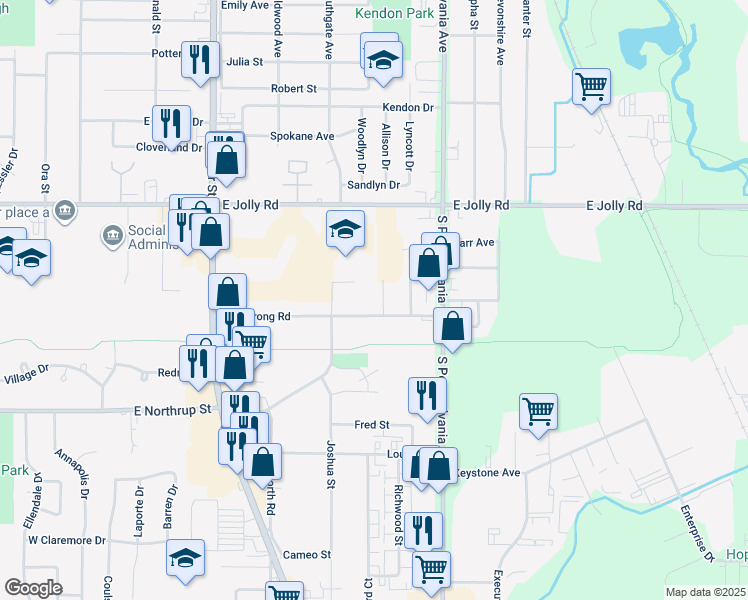 map of restaurants, bars, coffee shops, grocery stores, and more near 5320 Granger Drive in Lansing