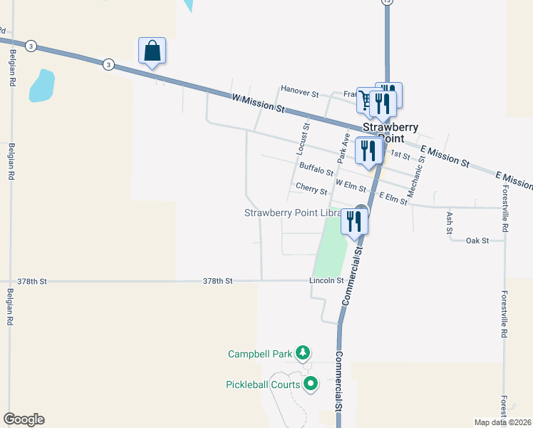 map of restaurants, bars, coffee shops, grocery stores, and more near 410-412 Westwood Avenue in Strawberry Point