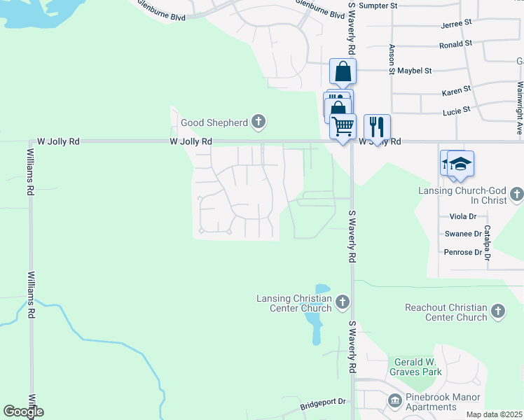 map of restaurants, bars, coffee shops, grocery stores, and more near Kensington Cir in Lansing Charter Township