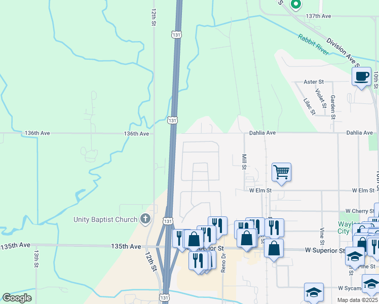map of restaurants, bars, coffee shops, grocery stores, and more near 1159 Alberta Place in Wayland