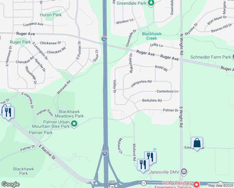map of restaurants, bars, coffee shops, grocery stores, and more near 224 Brakefield Drive in Janesville