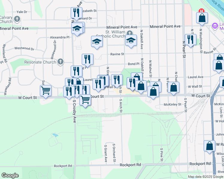 map of restaurants, bars, coffee shops, grocery stores, and more near 2025 West Wall Street in Janesville
