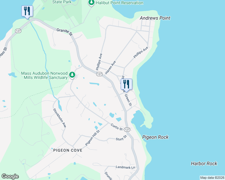 map of restaurants, bars, coffee shops, grocery stores, and more near 176 Granite Street in Rockport