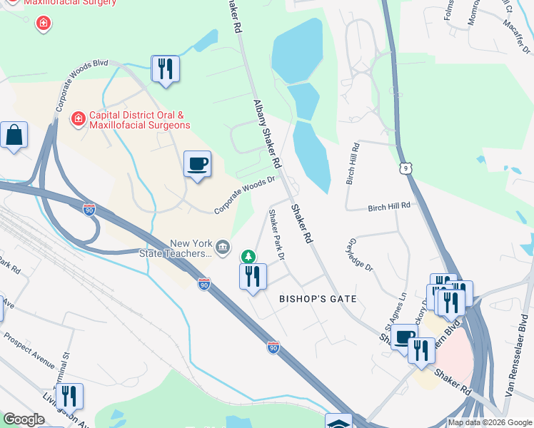 map of restaurants, bars, coffee shops, grocery stores, and more near 26 Rosemary Drive in Albany