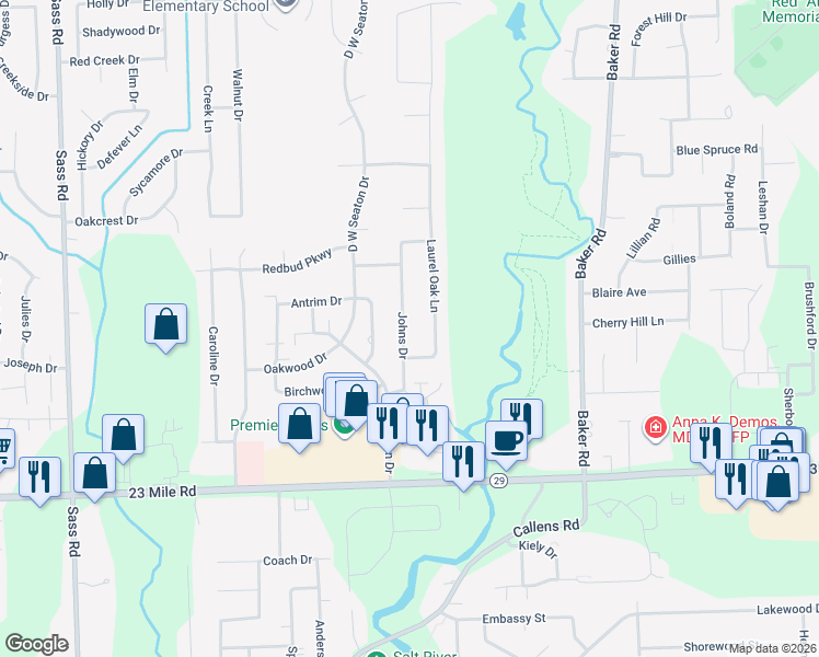 map of restaurants, bars, coffee shops, grocery stores, and more near 51544 Johns Drive in New Baltimore