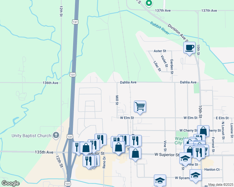 map of restaurants, bars, coffee shops, grocery stores, and more near 544 Mill Street in Wayland