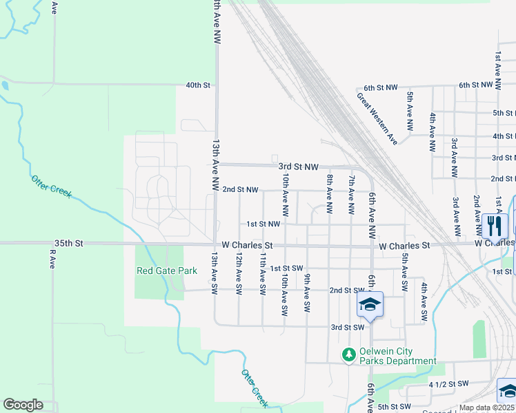 map of restaurants, bars, coffee shops, grocery stores, and more near 1101-1199 1st Street Northwest in Oelwein