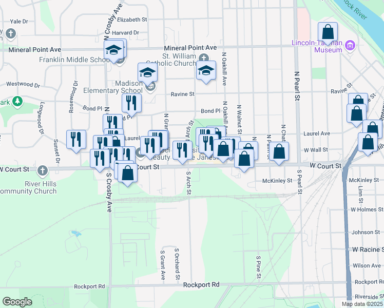map of restaurants, bars, coffee shops, grocery stores, and more near 18 North Arch Street in Janesville