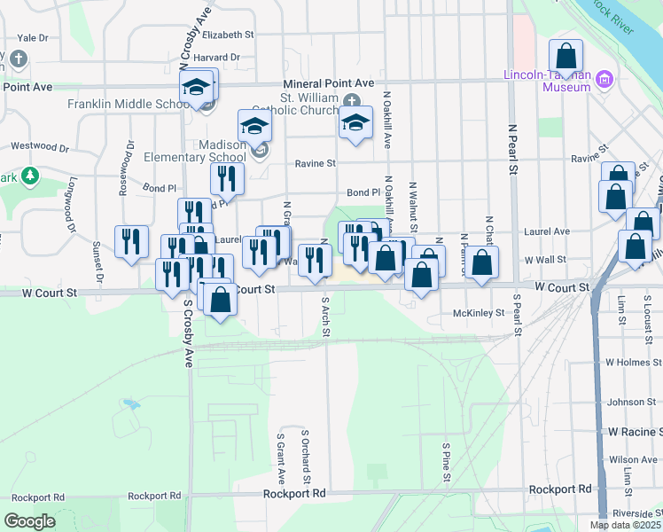 map of restaurants, bars, coffee shops, grocery stores, and more near 18 North Arch Street in Janesville