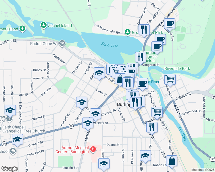 map of restaurants, bars, coffee shops, grocery stores, and more near 140 Lewis Street in Burlington