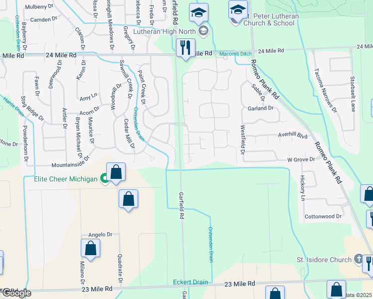 map of restaurants, bars, coffee shops, grocery stores, and more near 52175 Heatherstone Avenue in Macomb