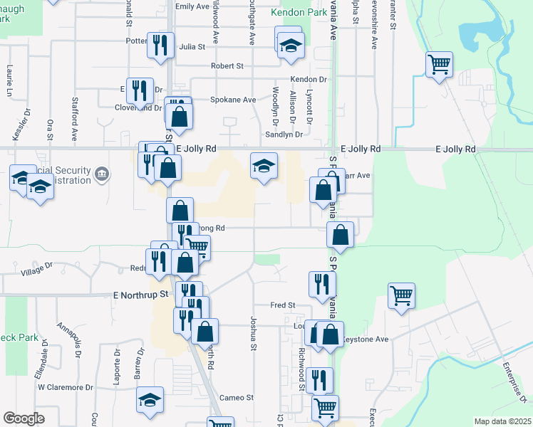 map of restaurants, bars, coffee shops, grocery stores, and more near 736 Armstrong Road in Lansing
