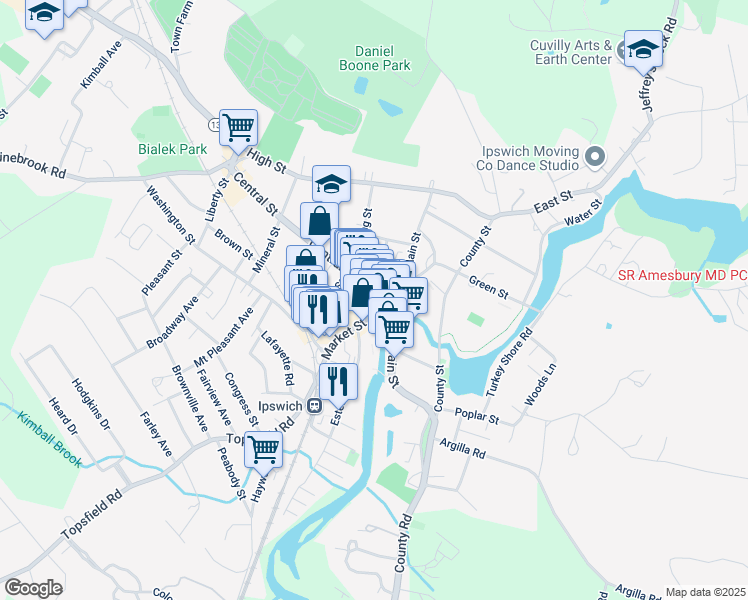 map of restaurants, bars, coffee shops, grocery stores, and more near in Ipswich