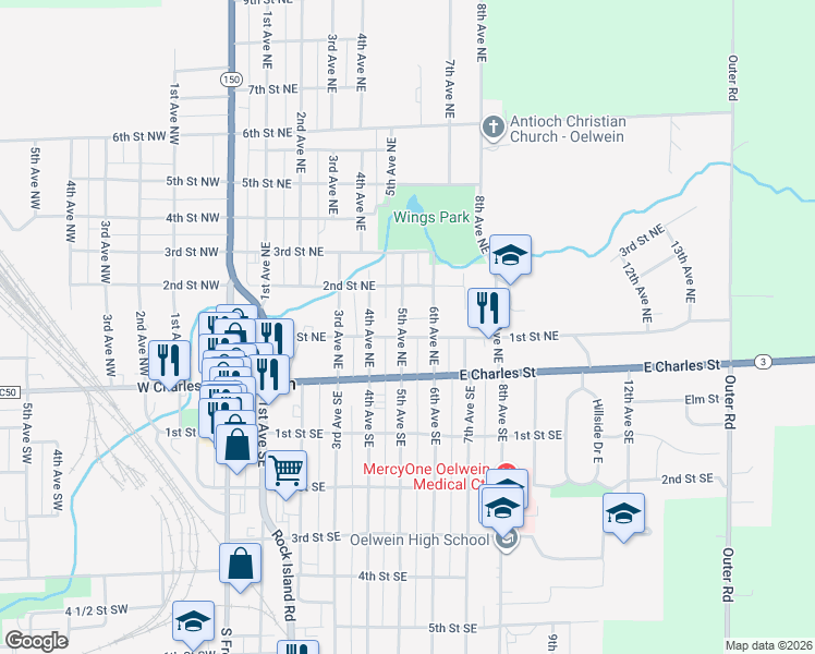 map of restaurants, bars, coffee shops, grocery stores, and more near 1-99 5th Ave NE in Oelwein