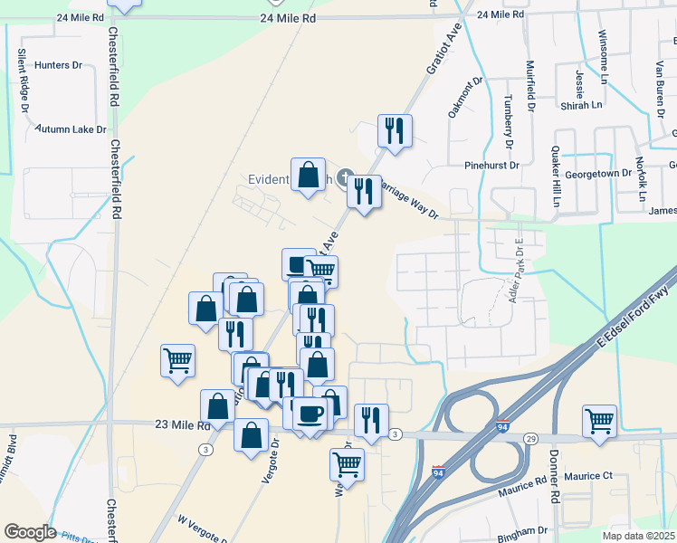 map of restaurants, bars, coffee shops, grocery stores, and more near 51760 Gratiot Avenue in Chesterfield