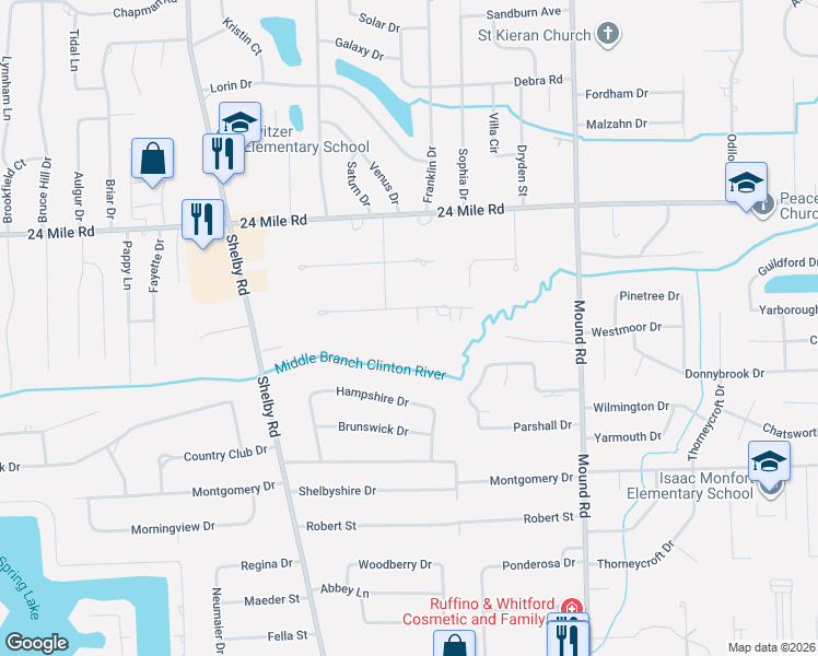 map of restaurants, bars, coffee shops, grocery stores, and more near 5214 Brookside Drive in Macomb County