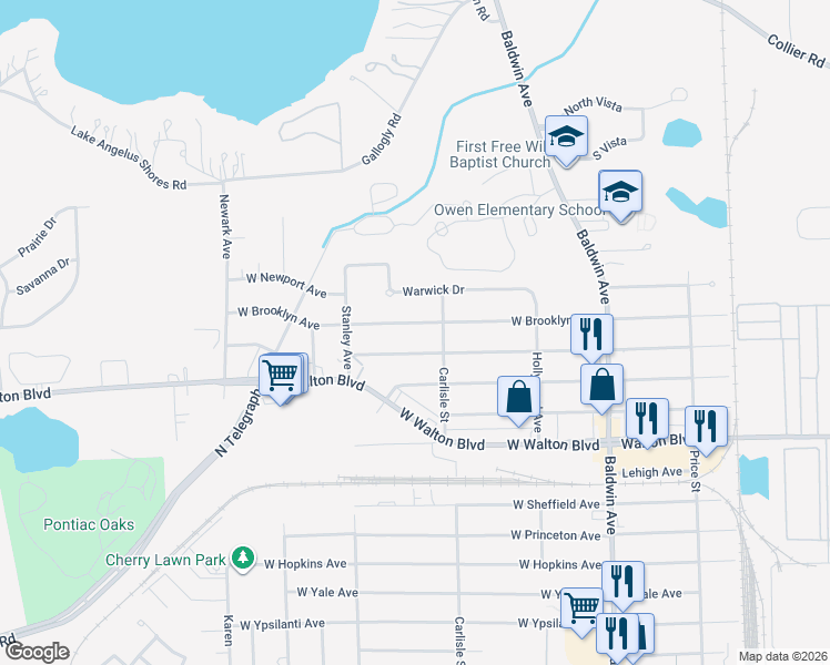 map of restaurants, bars, coffee shops, grocery stores, and more near 220 West Chicago Avenue in Pontiac
