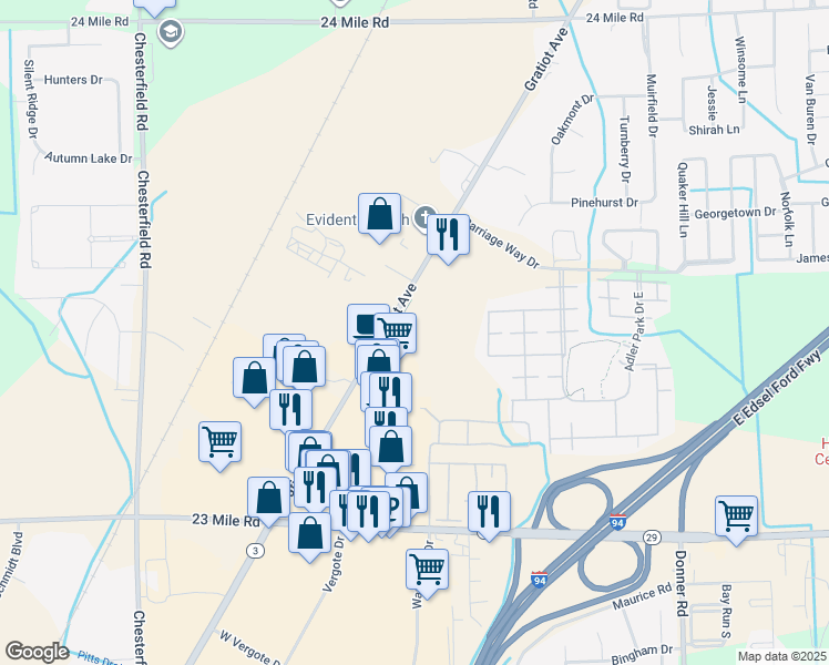map of restaurants, bars, coffee shops, grocery stores, and more near 51760 Gratiot Avenue in Chesterfield