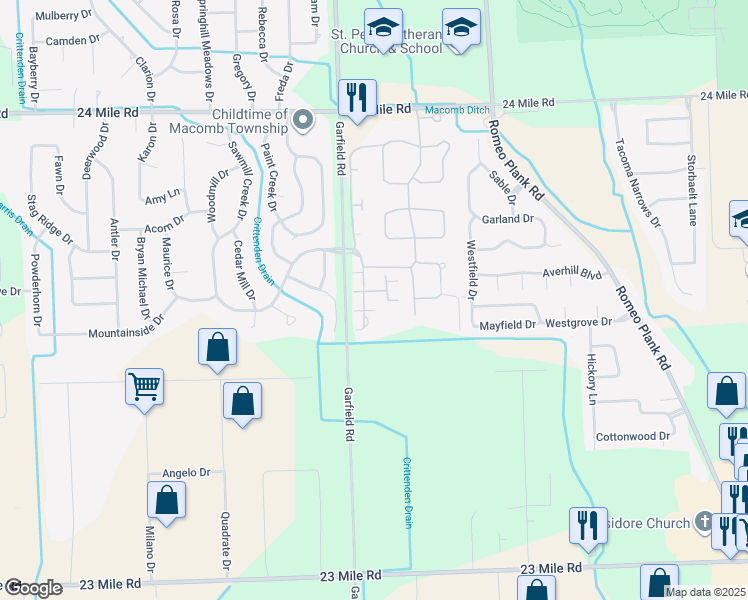 map of restaurants, bars, coffee shops, grocery stores, and more near 52411 Heatherstone Avenue in Macomb