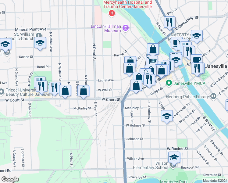 map of restaurants, bars, coffee shops, grocery stores, and more near 1023 West Wall Street in Janesville