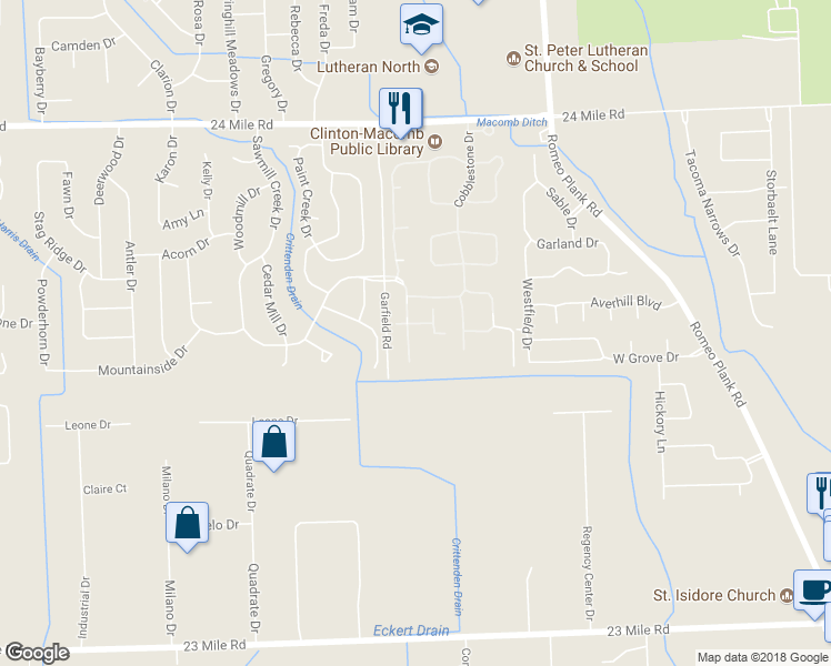 map of restaurants, bars, coffee shops, grocery stores, and more near 52175 Heatherstone Avenue in Macomb