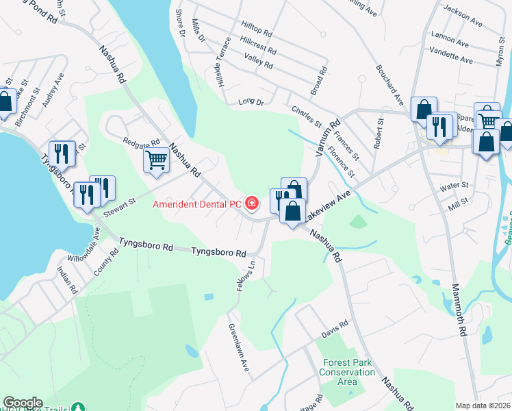 map of restaurants, bars, coffee shops, grocery stores, and more near 505 Nashua Road in Dracut