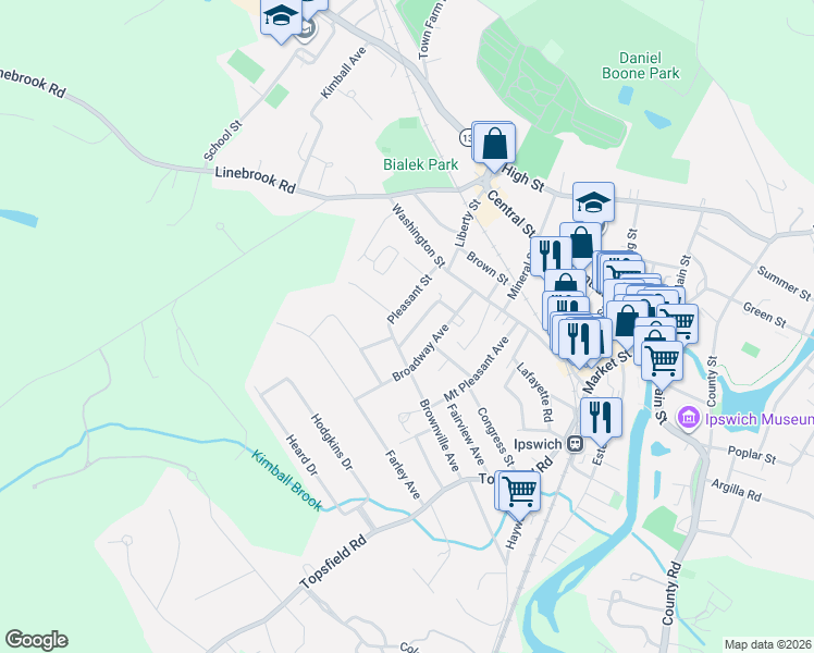 map of restaurants, bars, coffee shops, grocery stores, and more near 26 Broadway Avenue in Ipswich