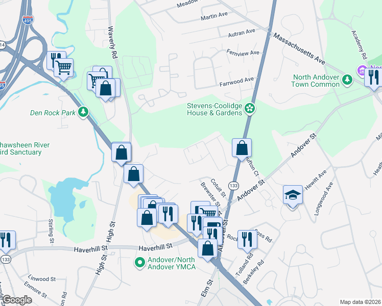 map of restaurants, bars, coffee shops, grocery stores, and more near 82 Kingston Street in North Andover