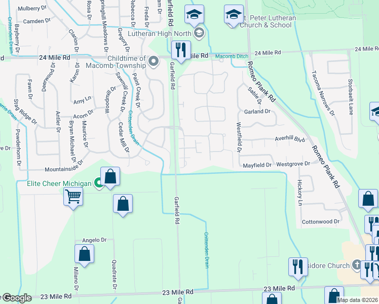 map of restaurants, bars, coffee shops, grocery stores, and more near 52175 Heatherstone Avenue in Macomb