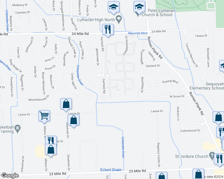 map of restaurants, bars, coffee shops, grocery stores, and more near 52175 Heatherstone Avenue in Macomb