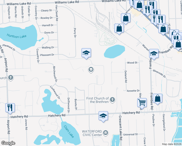 map of restaurants, bars, coffee shops, grocery stores, and more near 2800 Kettering Drive in Waterford Township