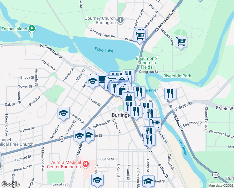 map of restaurants, bars, coffee shops, grocery stores, and more near 120 East Chestnut Street in Burlington